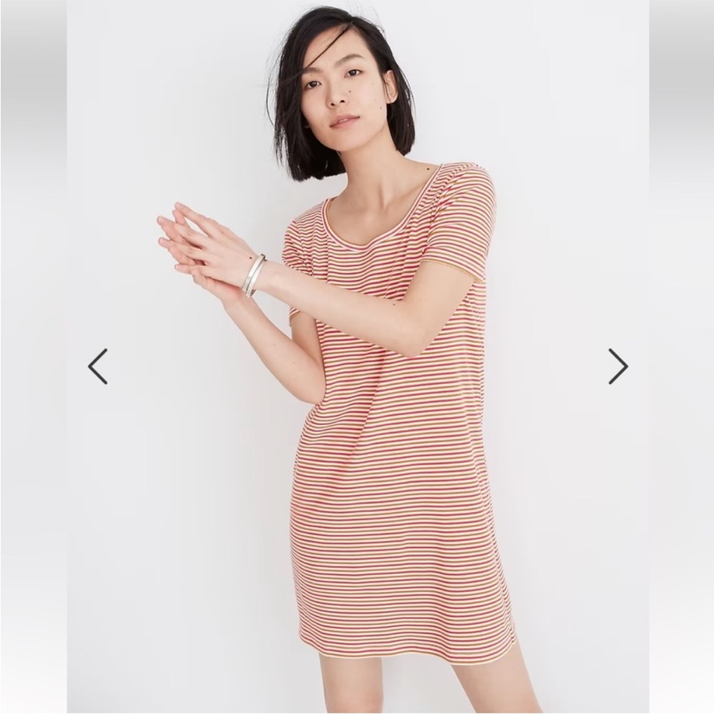 Madewell Swingy Tee Dress- Striped Short Sleeve T-Shirt Dress Red, brown, Cream